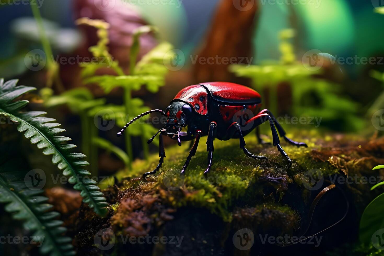 Close-up view of a bug crawling on a patch of moss in a natural setting. photo