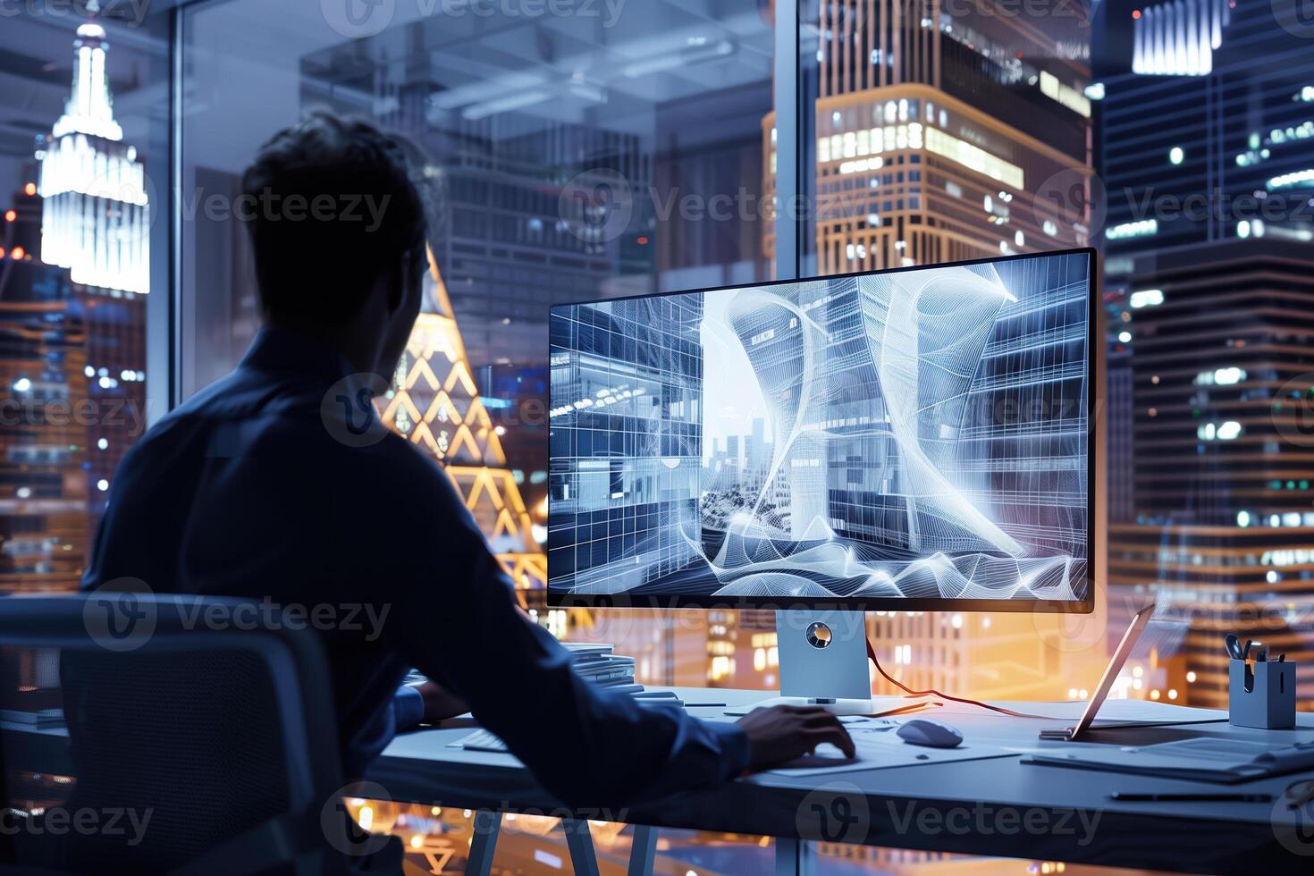 Architect designing innovative sustainable building project using software on computer photo