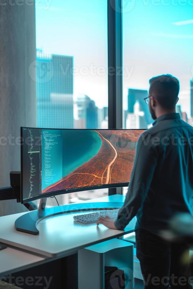 Software developer working on code at standing desk in modern office photo