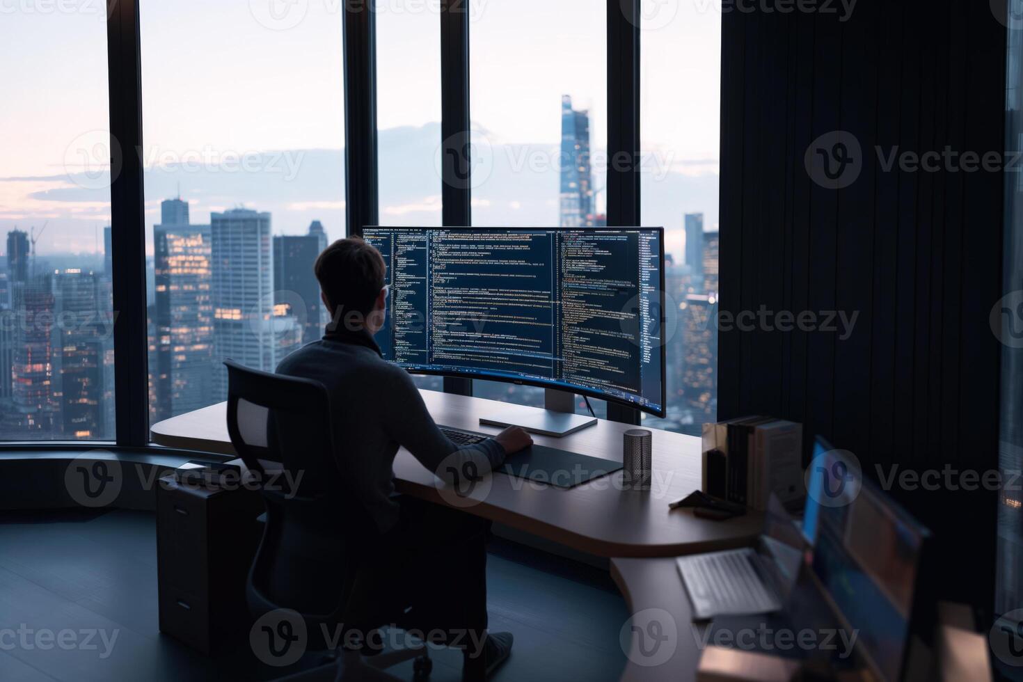 Software developer working on computer code at desk in modern office with city view photo