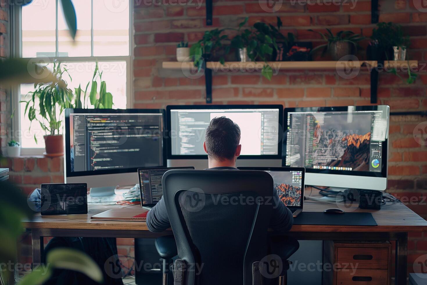 software desarrollador trabajando desde hogar utilizando múltiple monitores foto