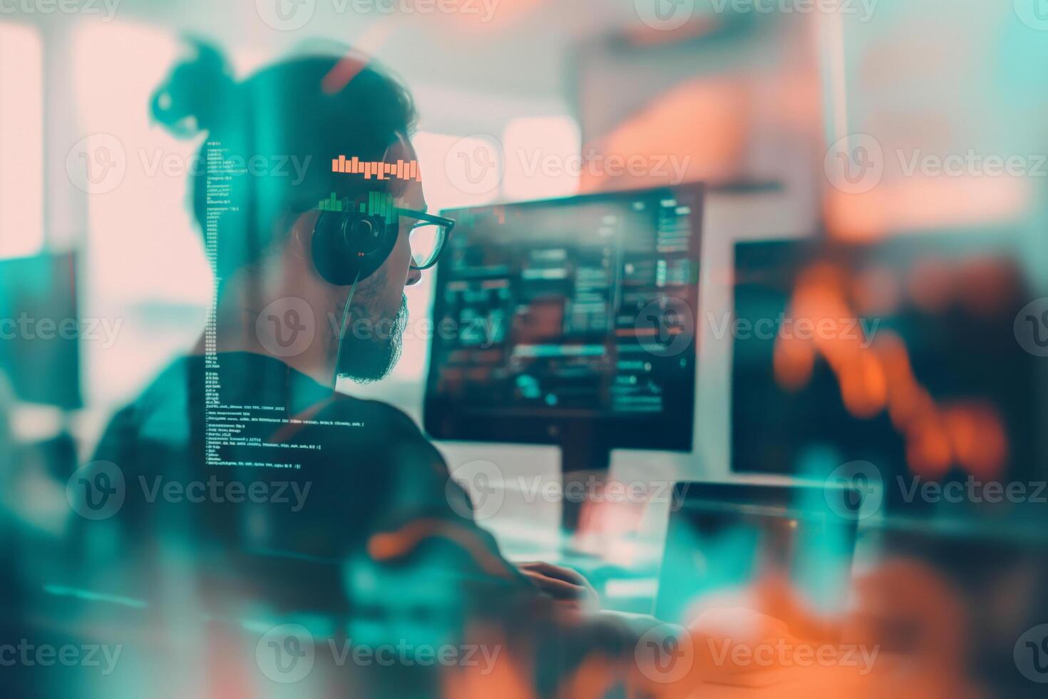 Software developer programming code on computer with headphones photo