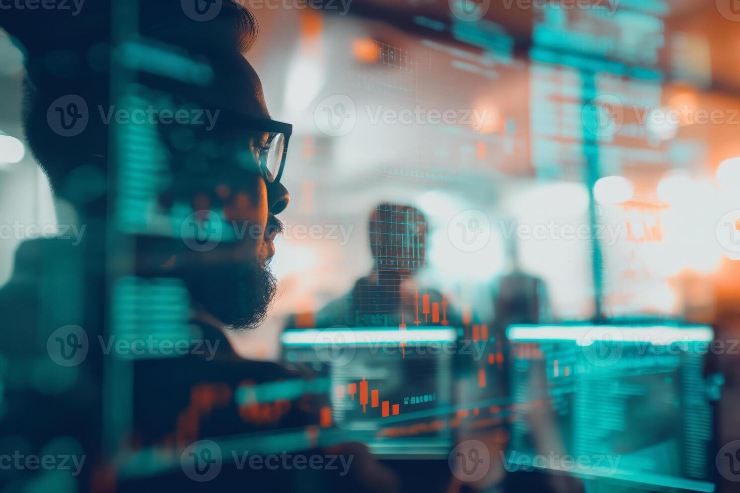 software desarrollador analizando código y gráficos en múltiple pantallas foto