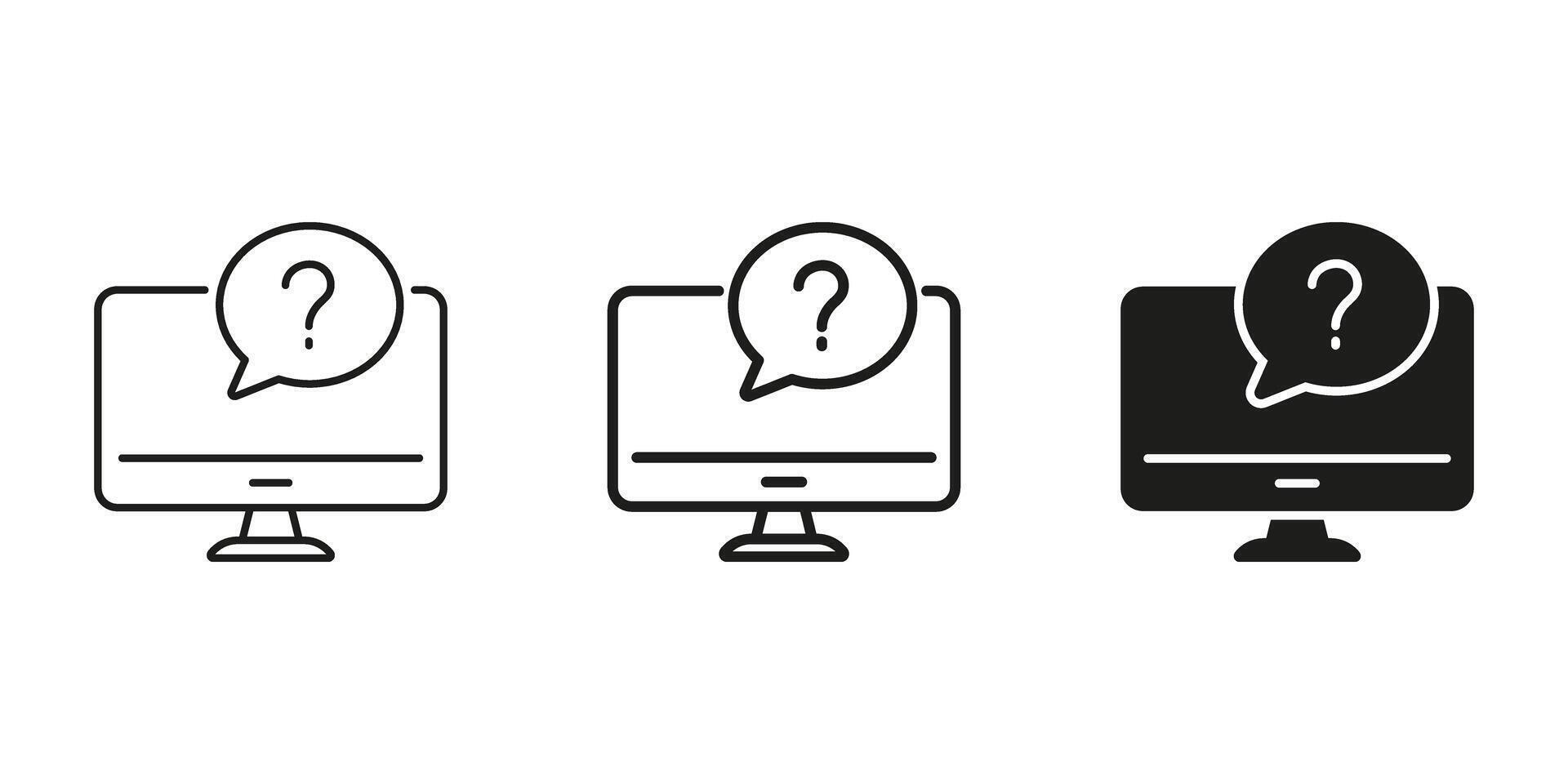 Computer With Question Mark Icon Set. Technical Support, It Help, And Online Assistance Outline And Silhouette Symbol Collection. Customer Service And Troubleshooting vector