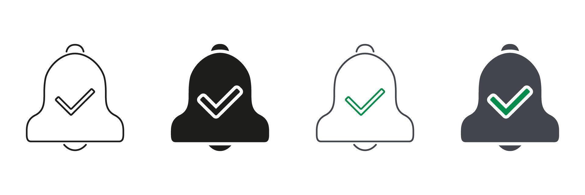 Notification Bell With Checkmark Line And Solid Icon Set. Alert Confirmation And Task Completion Symbol Collection. Reminder And Update Acknowledgment. vector