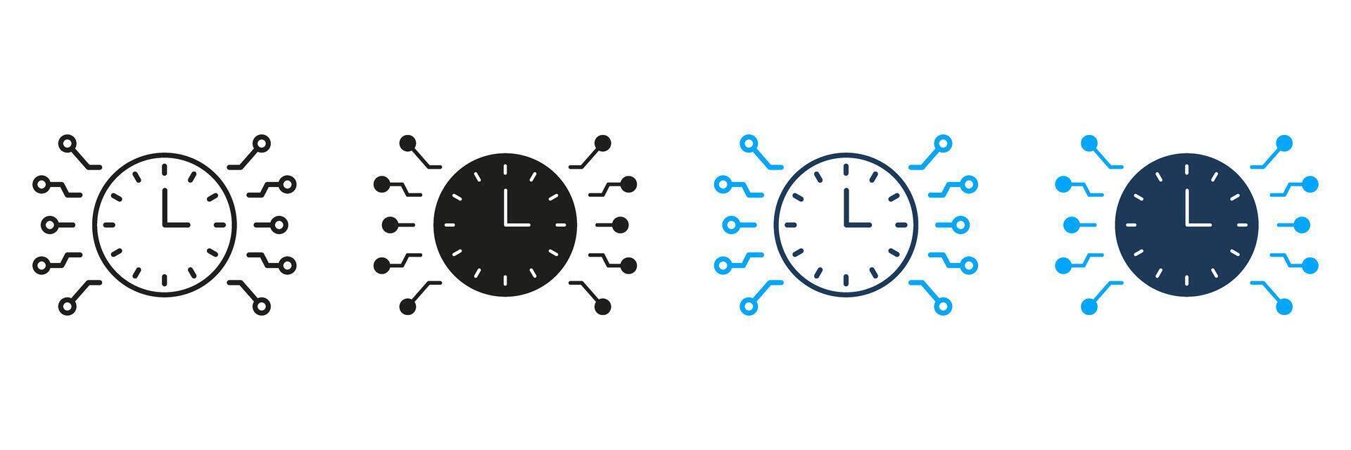 Clock With Circuit Lines Line And Solid Icon Set. Time Management And Digital Connectivity Symbol Collection. Technology And Efficiency. Isolated Illustration vector