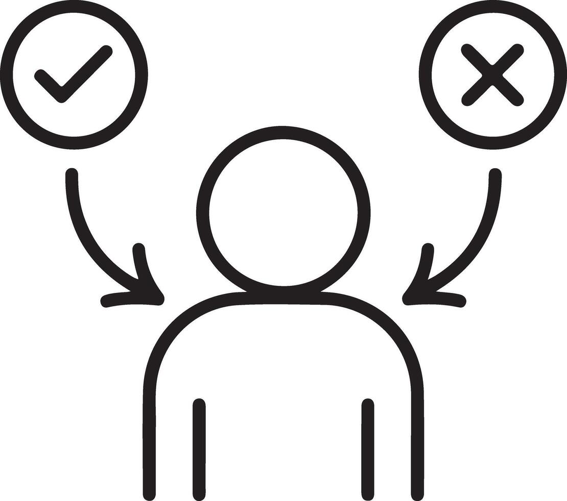 Person making a decision between a checkmark and an x symbol vector