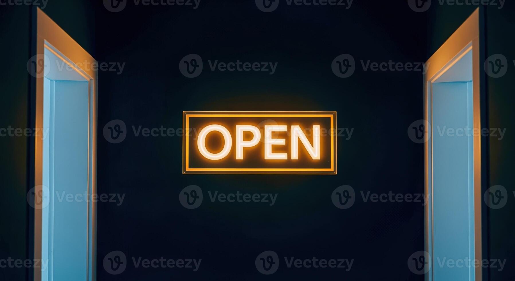 Illuminated Open Sign with Doors, Emphasizing Accessibility, Invitation, and New Opportunities in Modern Business and Retail Settings photo