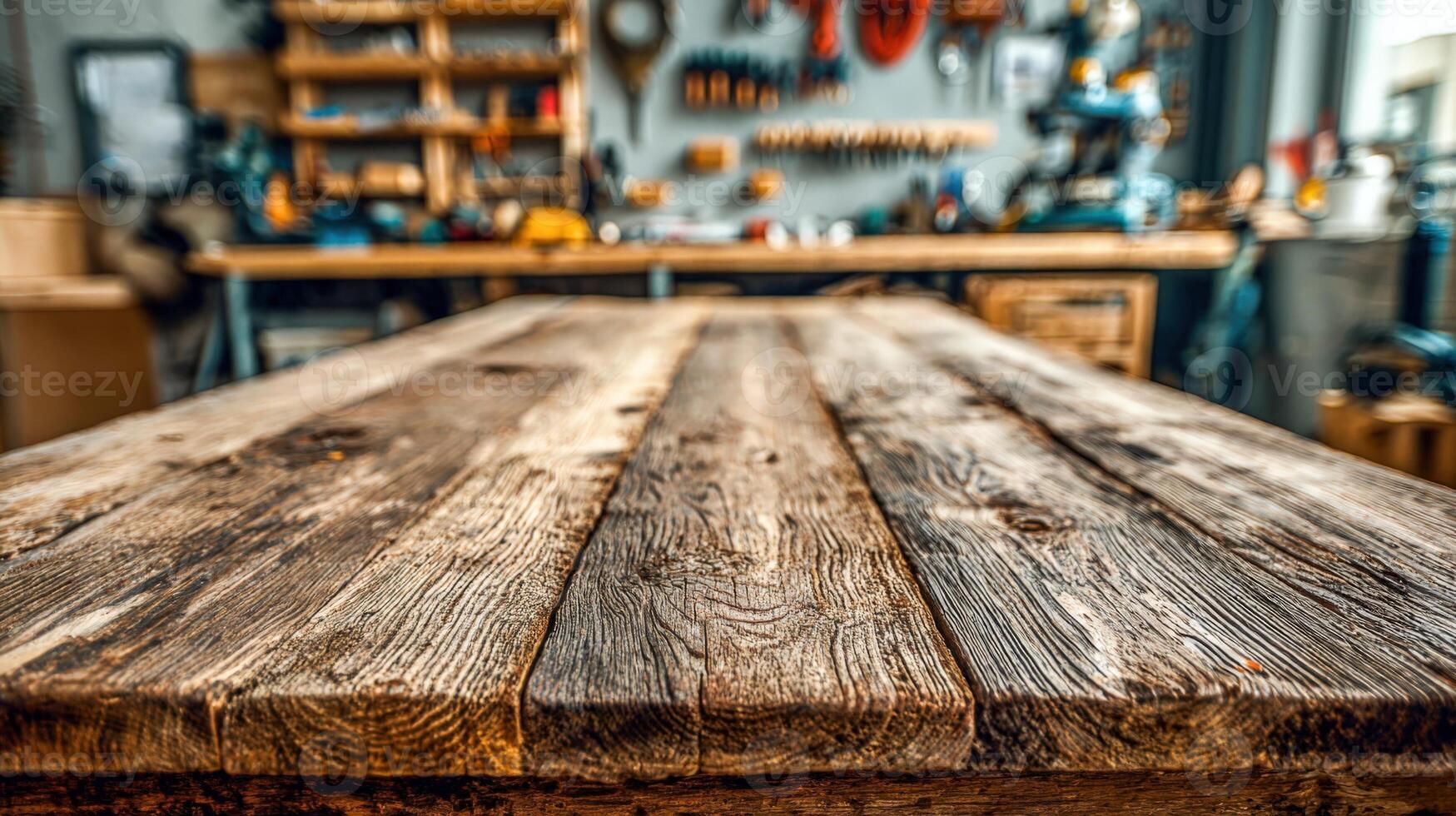 Rustic Wooden Workbench Surface with Tools and Equipment in Workshop, Ideal for Product Mockups and Crafting Projects photo