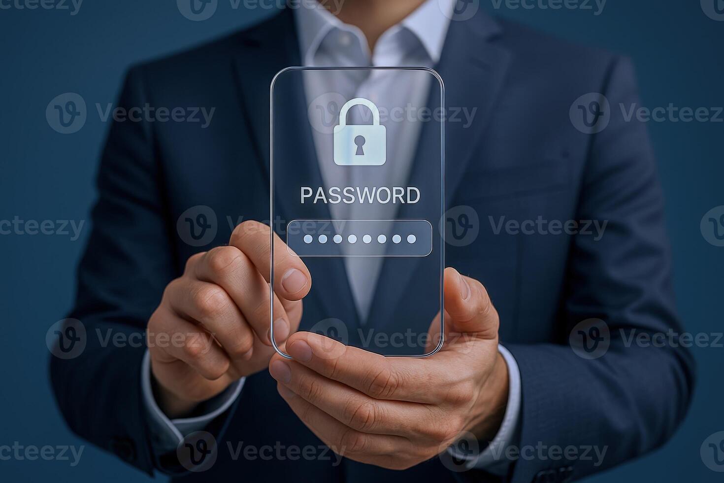 Businessman Displaying Secure Password Protection on Glass Mobile Device, Cybersecurity Concept for Modern Technology photo