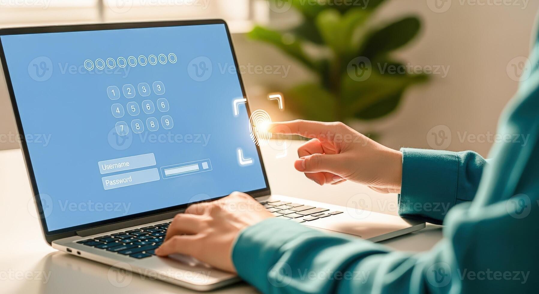 User Typing Password on Laptop Screen for Online Access, Security Measures and Data Protection photo