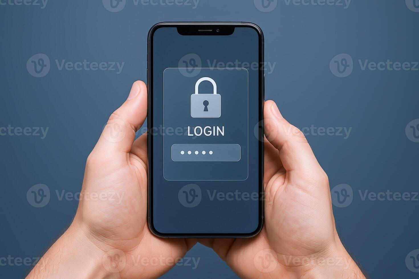 Mobile Authentication Hands Holding Smartphone Displaying Secure Login Screen with Padlock Icon for Cybersecurity photo