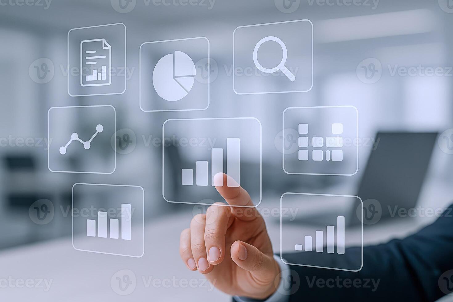 Digital Business Analytics Interface Person Touching Virtual Screen with Data Visualization for Strategy and Growth photo