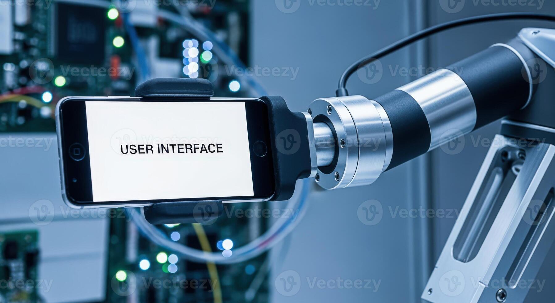 Robotic Arm Holding Smartphone Displaying User Interface, Modern Technology Concept for Industry, Engineering, and Innovation photo
