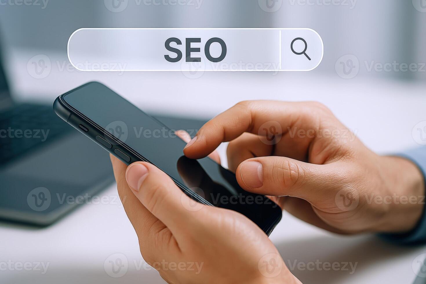 Hands Holding Smartphone with Search Bar Displaying SEO, Representing Digital Marketing and Optimization Strategies photo