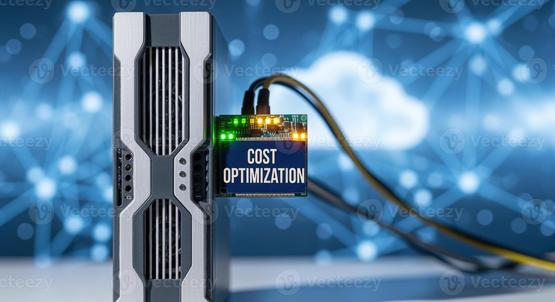 Cloud Cost Optimization Concept Server Connected to Cloud with Cost Optimization Message photo