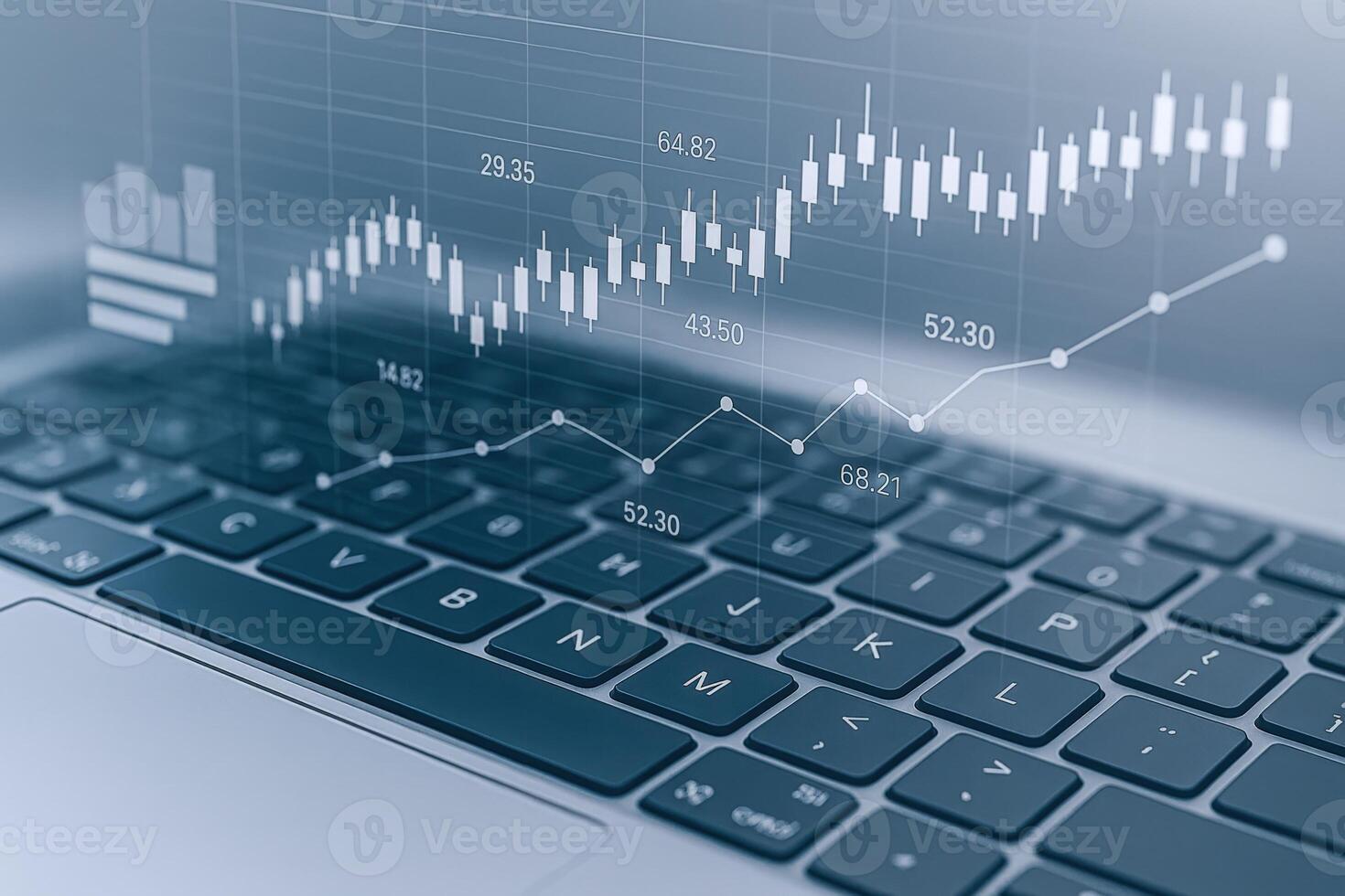 Laptop Displaying Stock Market Chart Overlay Investment Analysis and Financial Data Visualization Concept photo