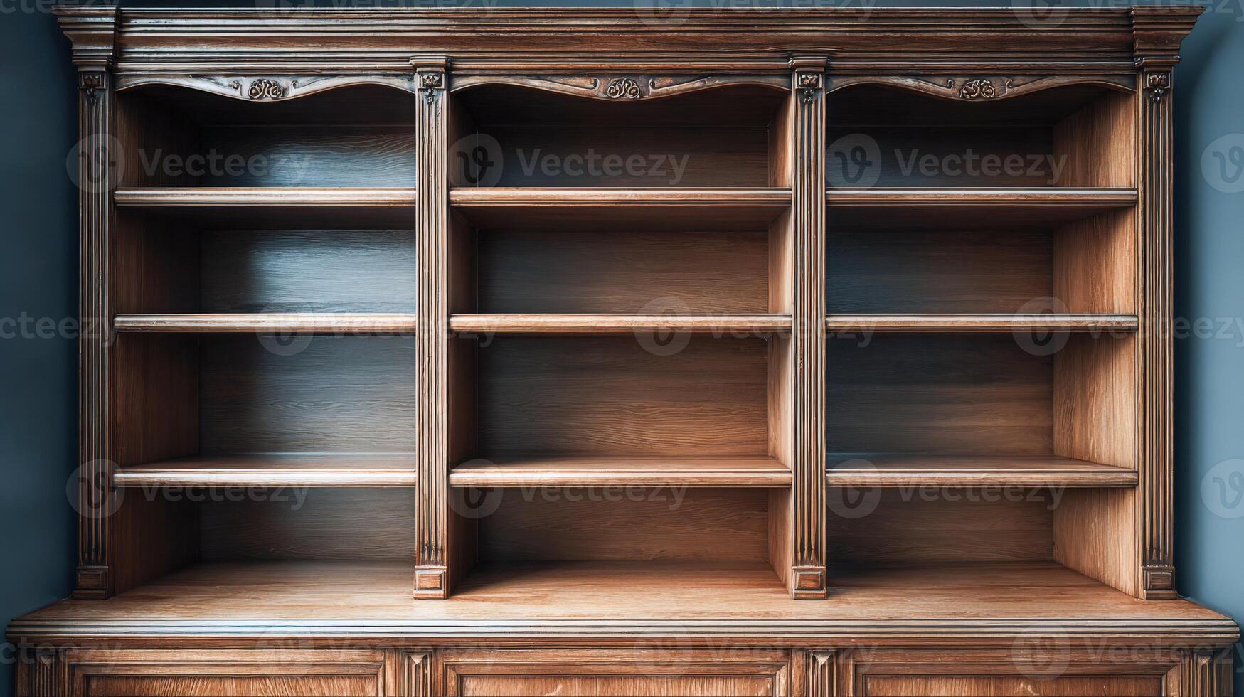 Empty wooden shelving unit with three sections, suitable for books, storage, and display in a home or office photo