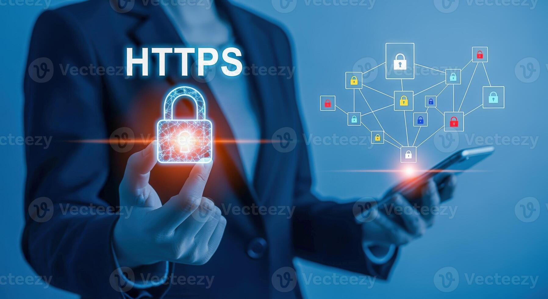 Secure Connection Concept Woman Holding Digital Padlock Representing HTTPS Protocol for Data Protection Online photo