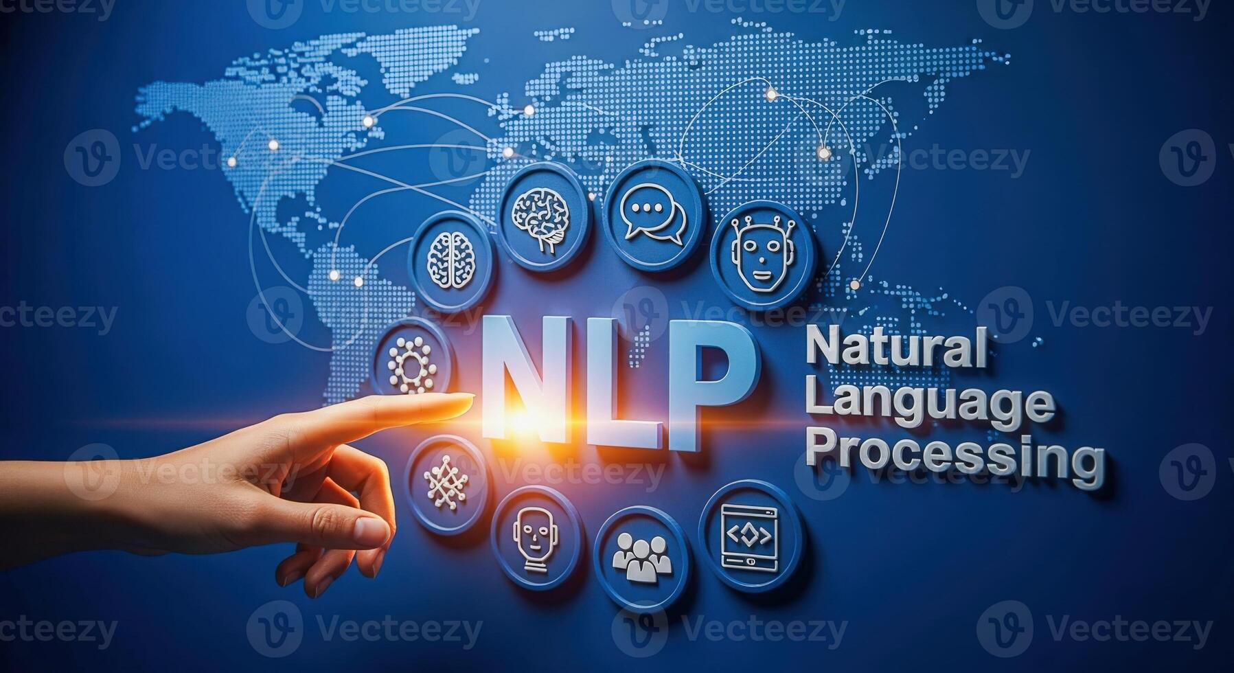 Natural Language Processing Concept with Hand Touching NLP Abbreviation on World Map Background photo