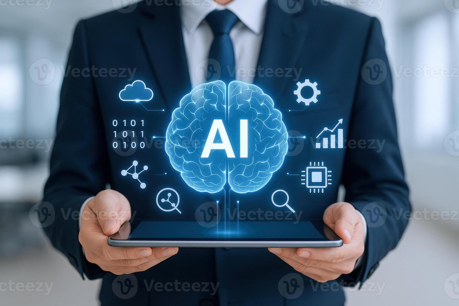 Businessman Holds Tablet Displaying AI Brain, Symbolizing Artificial Intelligence and Future Technology Concepts photo