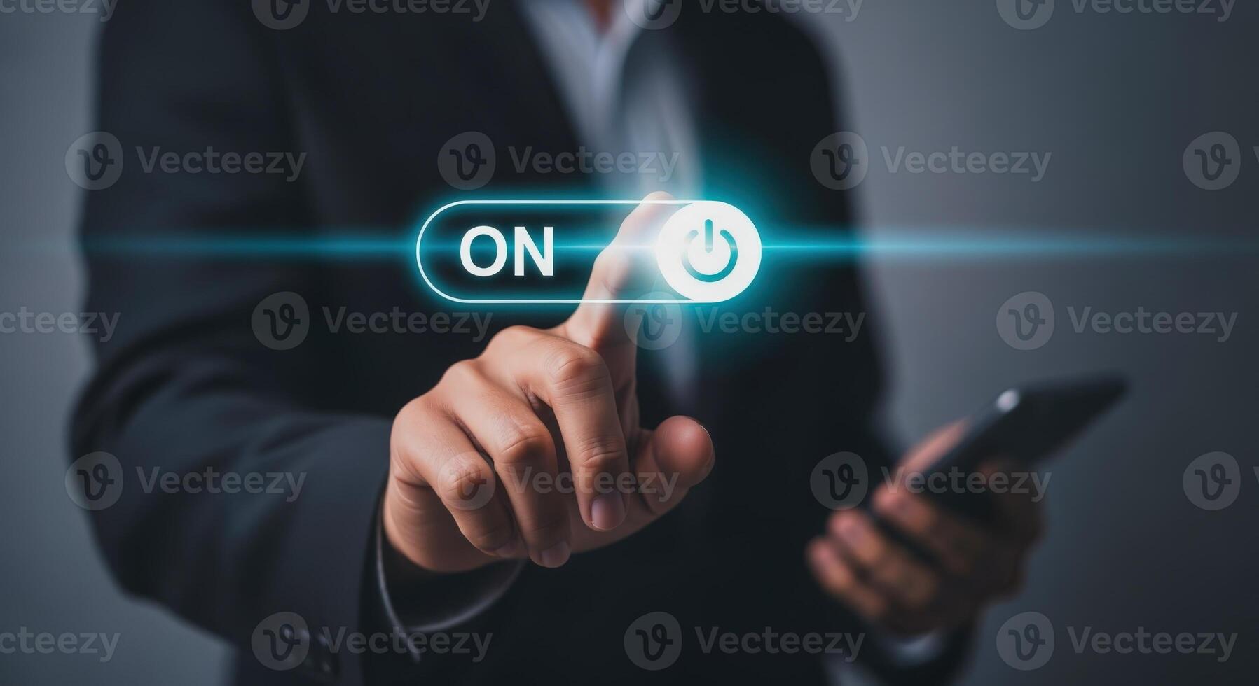 Businessman Activating Digital Interface On Button, Power Symbol, Modern Technology, Innovation, and Connection photo
