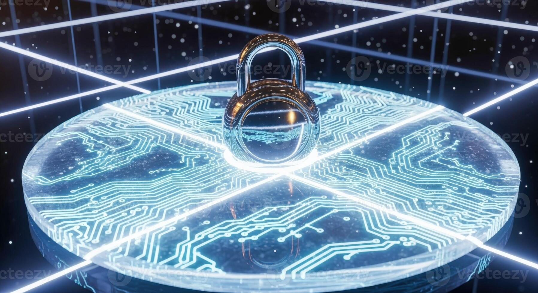 Cybersecurity Lock on Futuristic Circuit Board Digital Security, Encryption, and Data Protection Concept photo