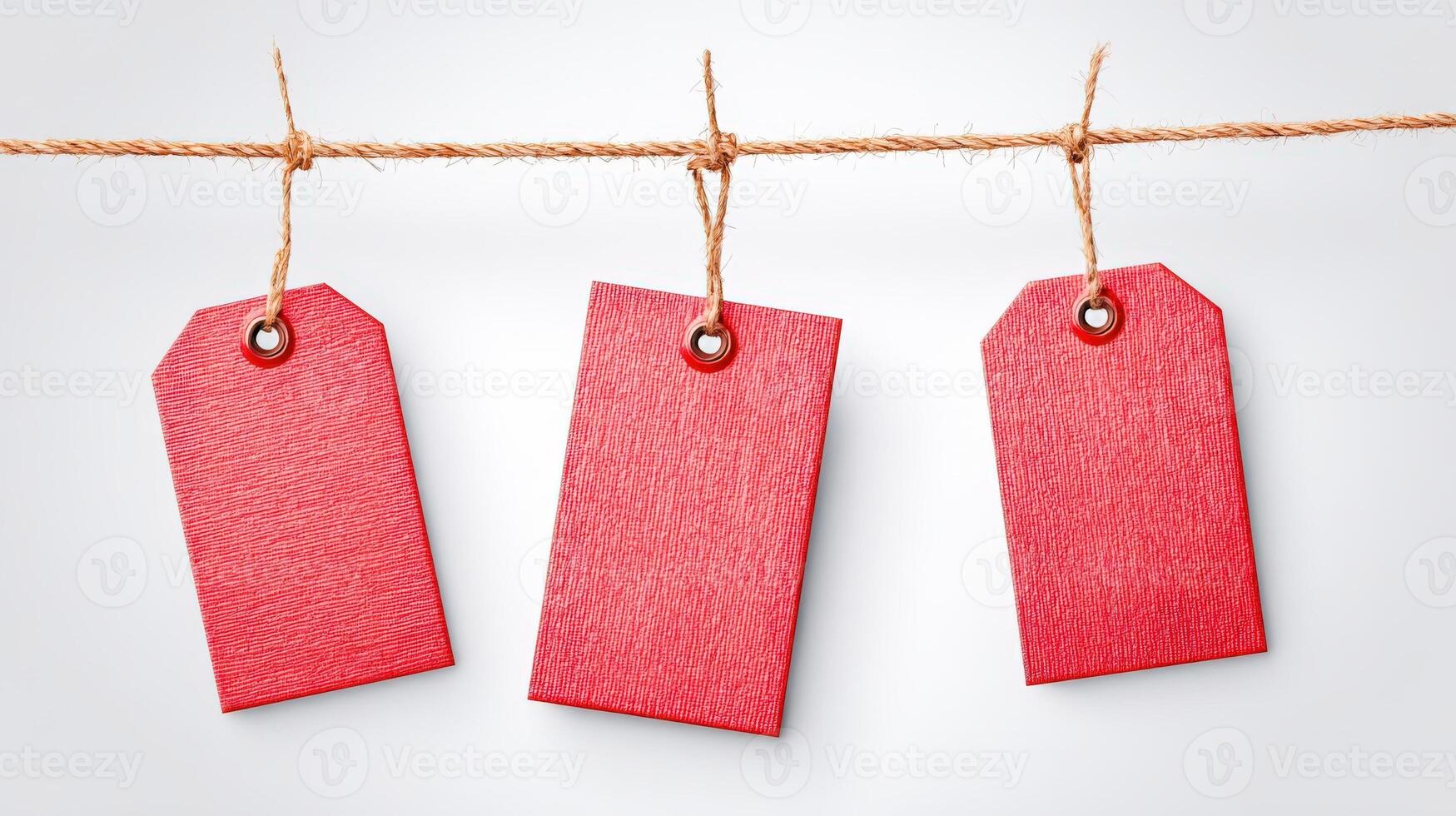Three Red Tags Hanging on a Twine String, Isolated on White Backdrop, Ideal for Marketing photo