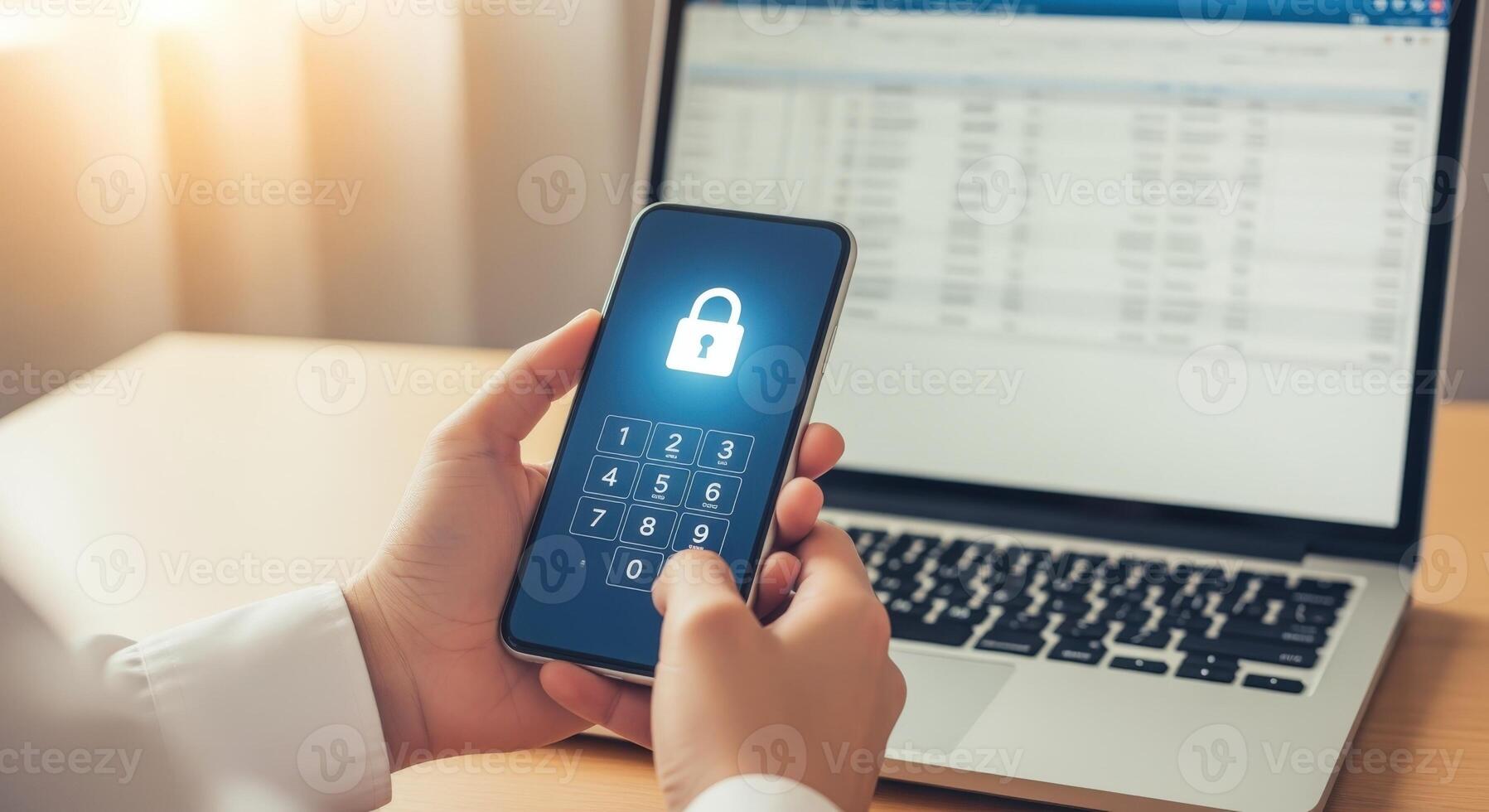 Secure Mobile Authentication Man Entering Passcode on Smartphone for Data Protection and Cybersecurity photo