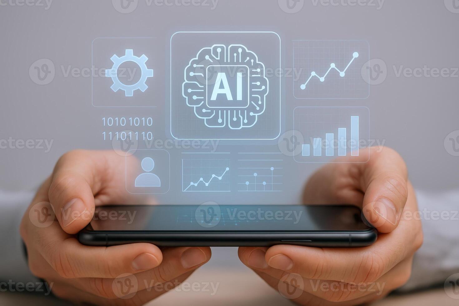 Mobile AI Technology A Person Holding a Smartphone Displaying Artificial Intelligence and Data Visualization photo