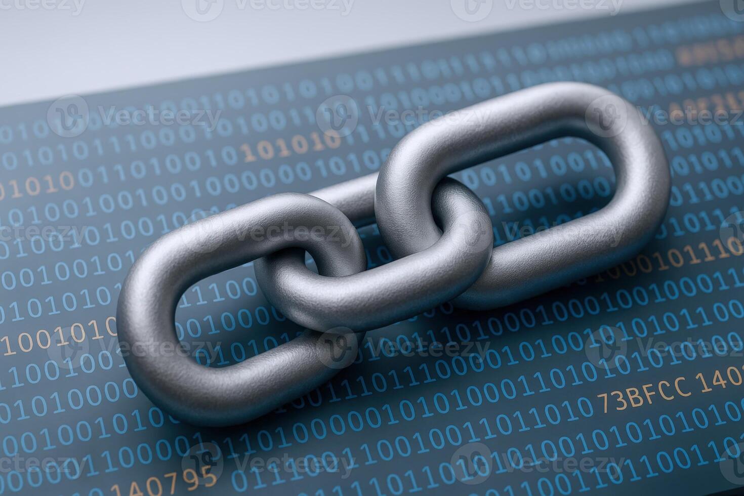 Metal Chain Links Over Digital Binary Code Background Symbolizing Blockchain Technology and Network Security photo