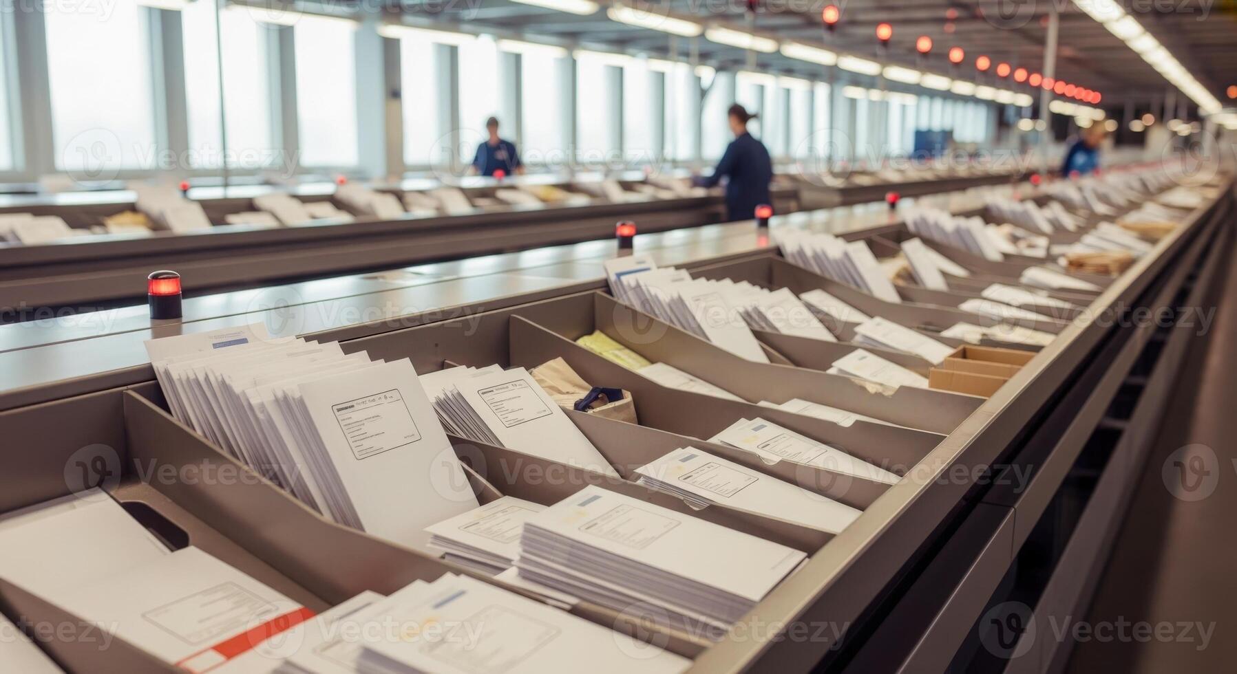 Automated Mail Sorting System with Workers Processing Letters in a Large Distribution Center photo