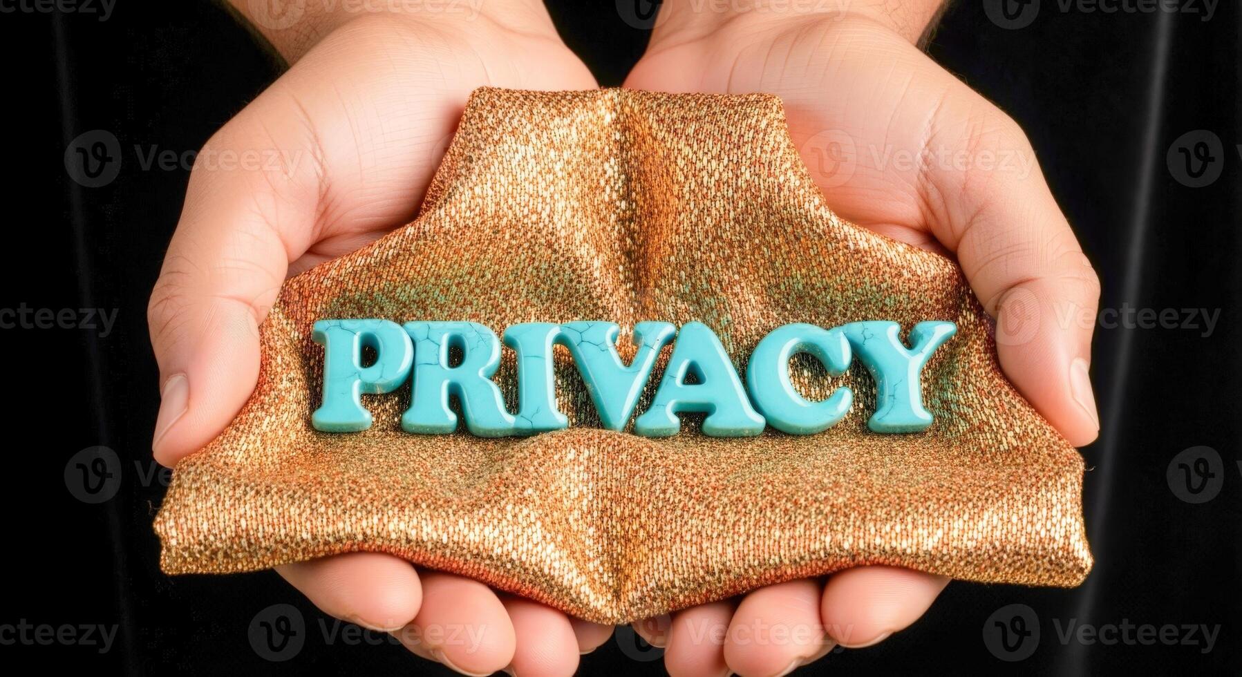 Protecting Privacy Close-up of Hands Holding the Word Privacy on Glittery Material, Conceptual Image for Data Protection photo