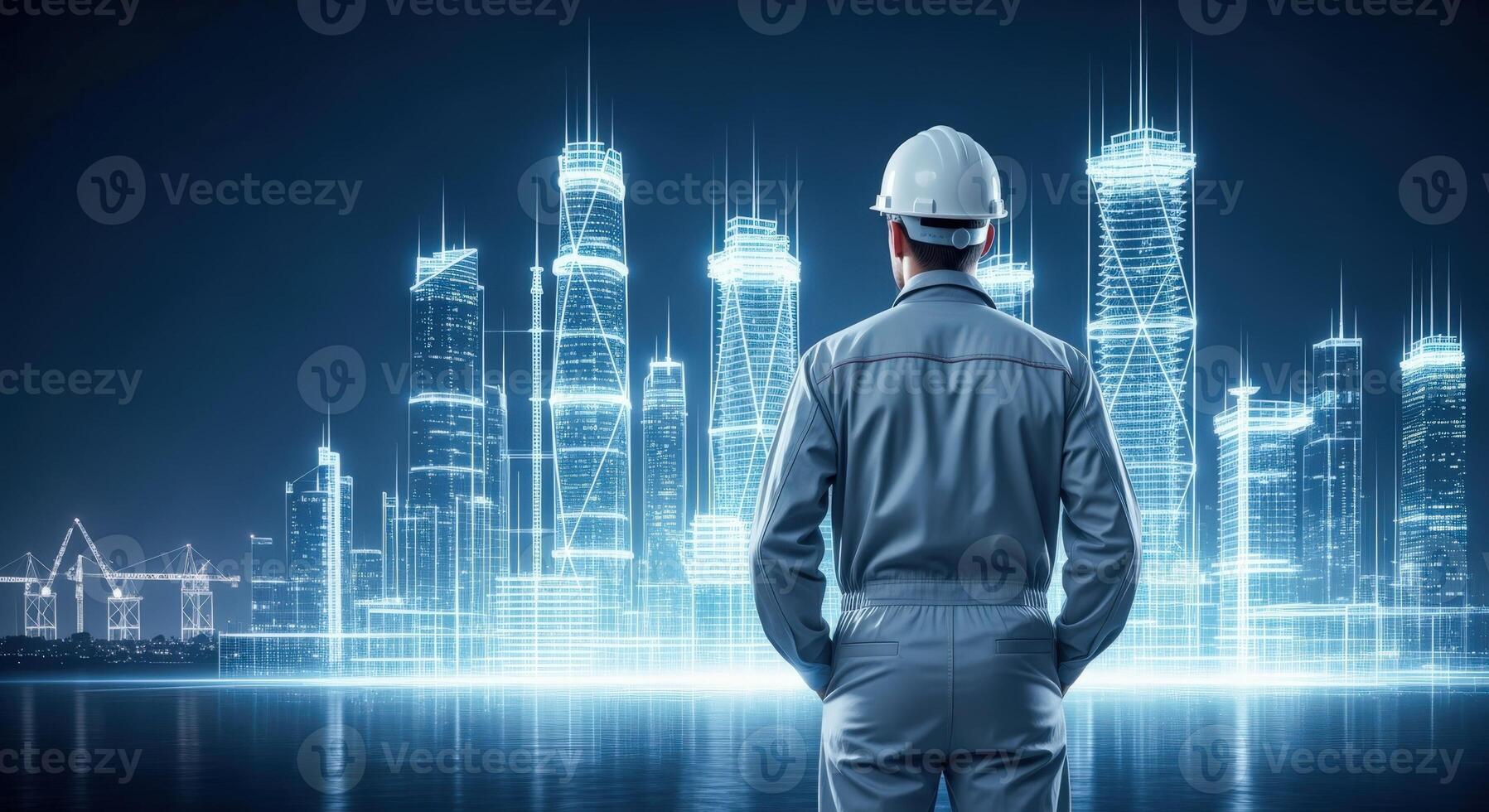 Engineer Overseeing Futuristic City Development with Digital Blueprints and Advanced Construction Technology Innovations photo