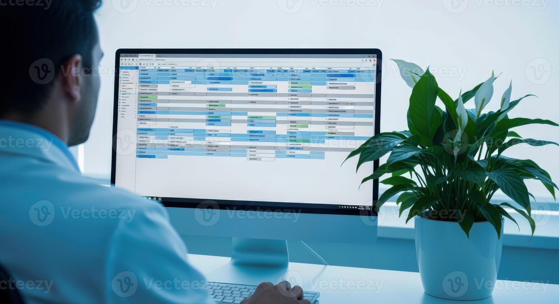 Doctor Reviewing Patient Schedules on Computer in Office Setting, Emphasizing Healthcare Technology and Modern Medical Administration photo