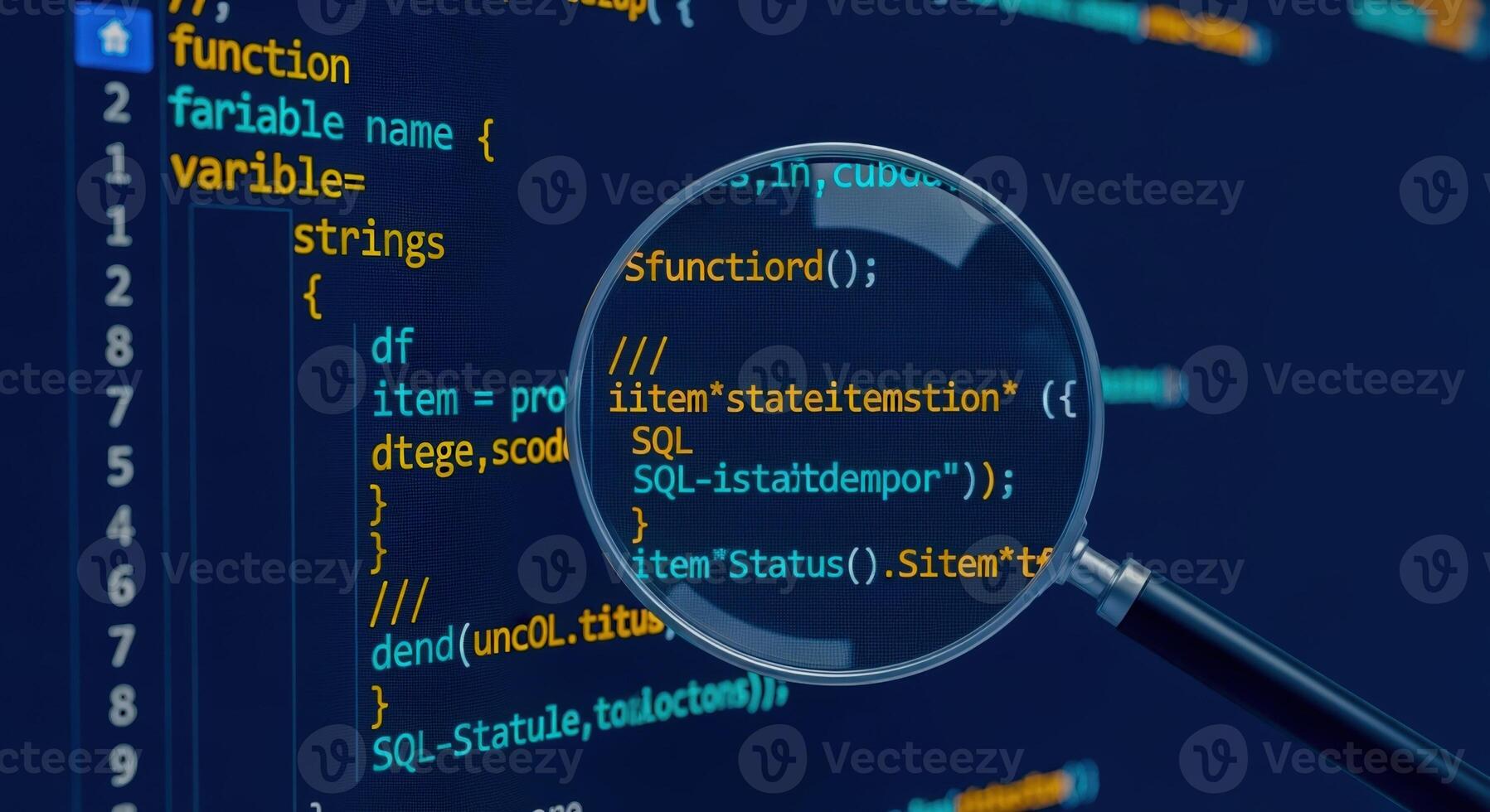 Software Code Inspection with Magnifying Glass Demonstrating Debugging and Analysis for Error Correction and Quality Assurance Processes photo