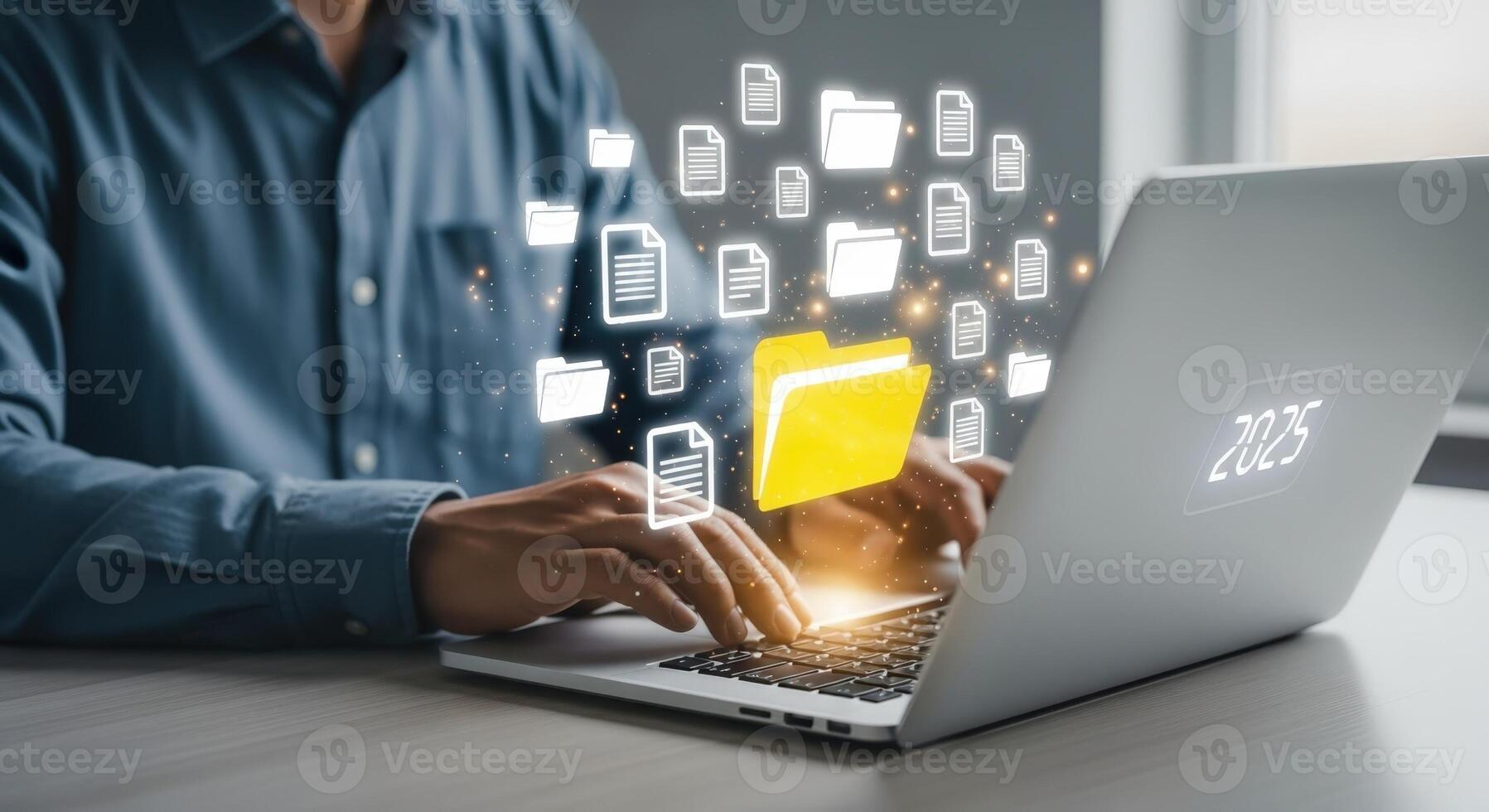Data Management Concept Person Using Laptop with Floating File Icons for Efficient Organization photo