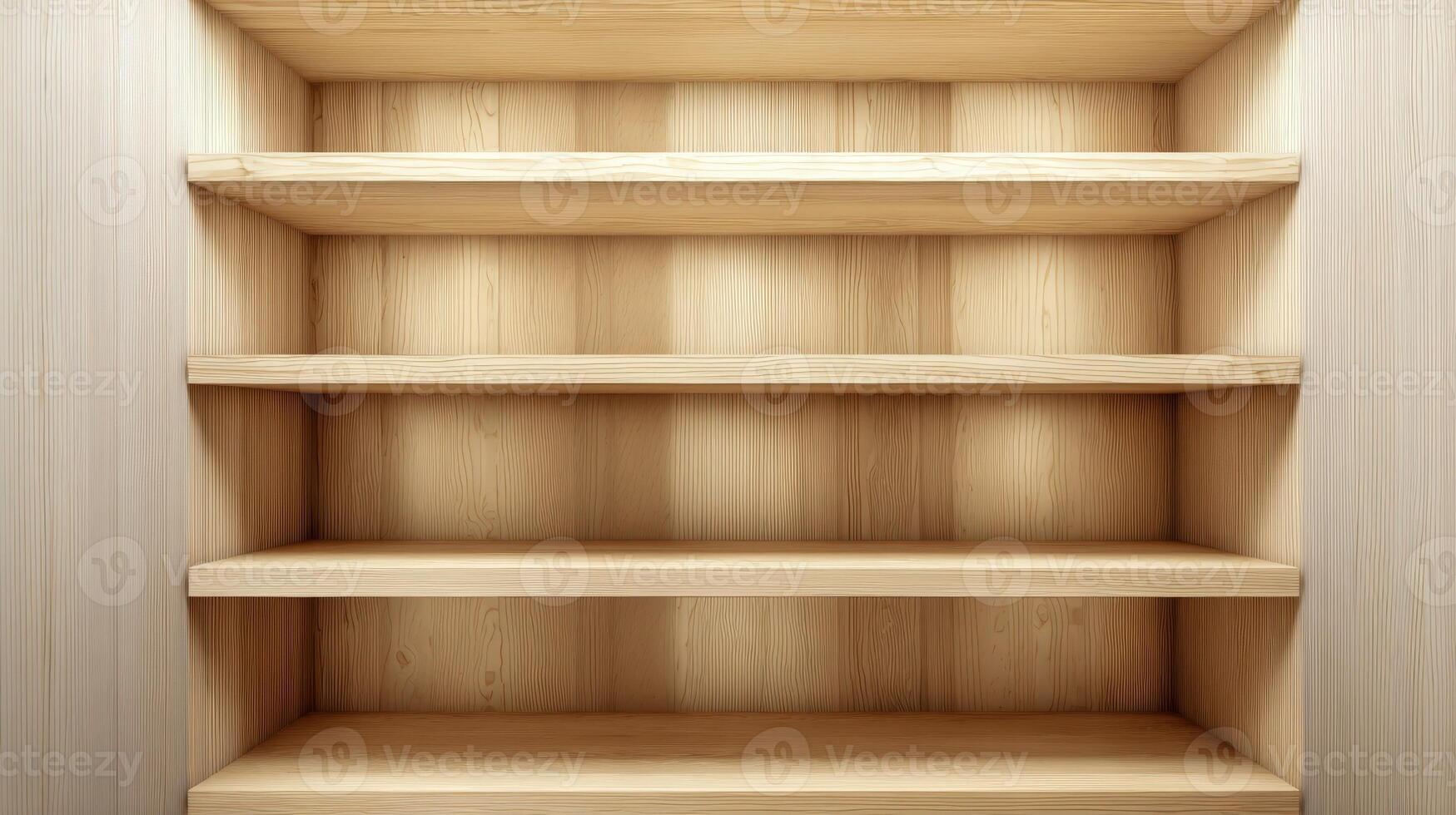 Empty Wooden Shelves Background, Ideal for Product Display, Mockups, and Interior Design Visualizations photo