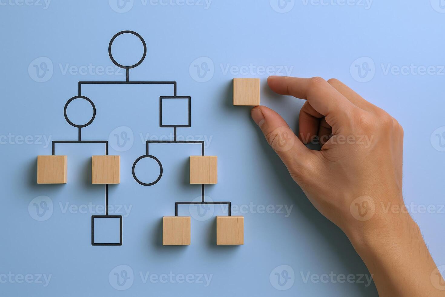 Completing Business Structure Hand Placing Wooden Block in Organization Chart for Growth and Hierarchy, Blue Background photo