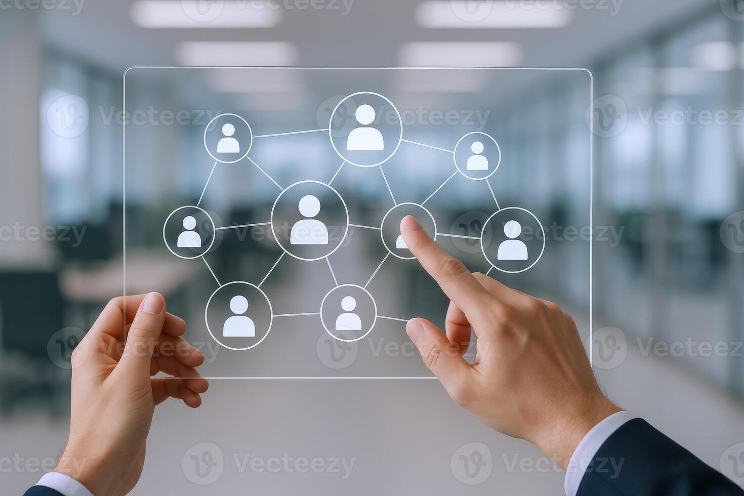 Persons hands interacting with digital networking diagram, showcasing global communication and connection technology in a business setting photo