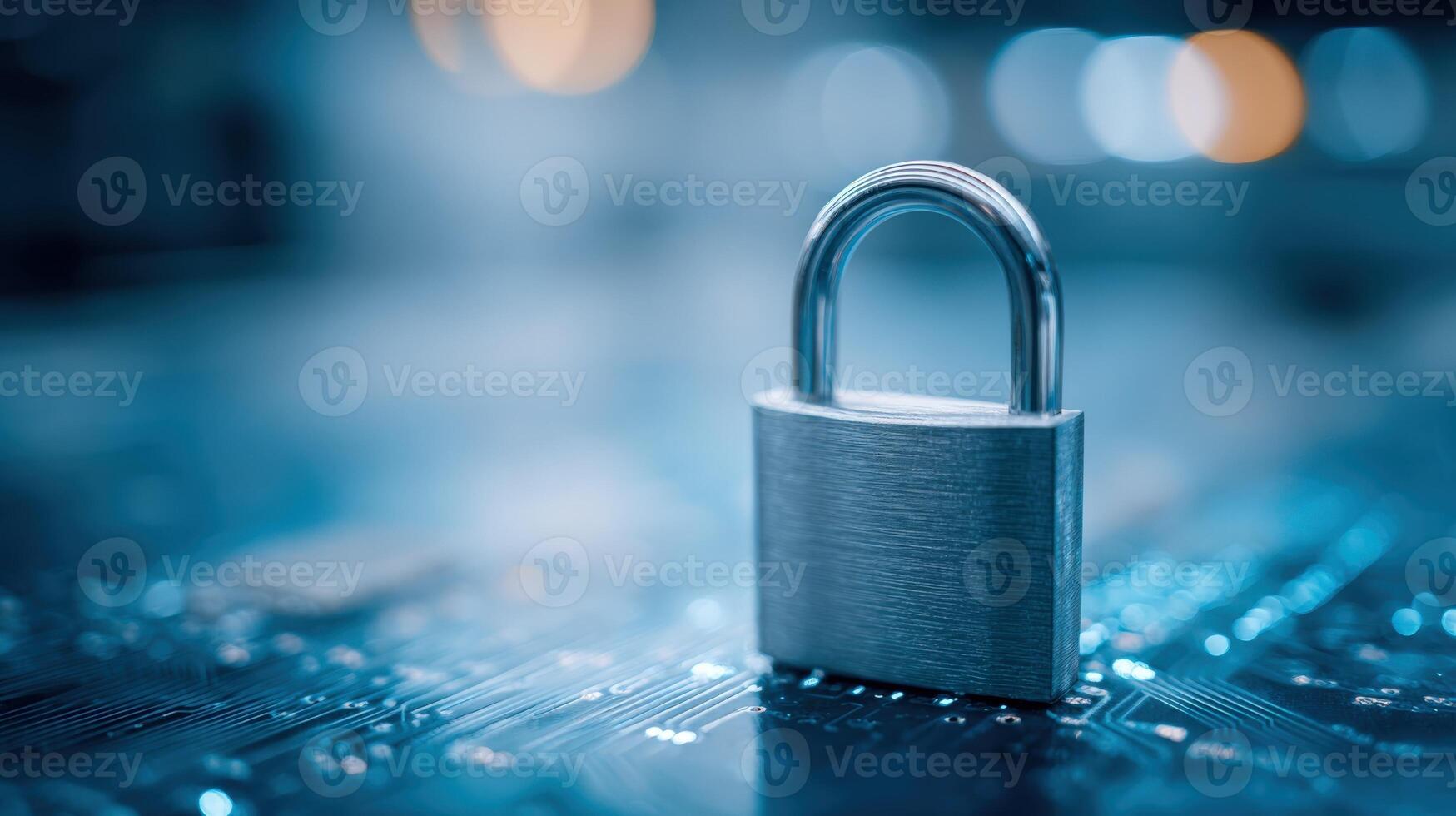 Padlock Securing Digital Data Illustrating Cybersecurity, Encryption, and Information Protection on Electronic Circuitry photo
