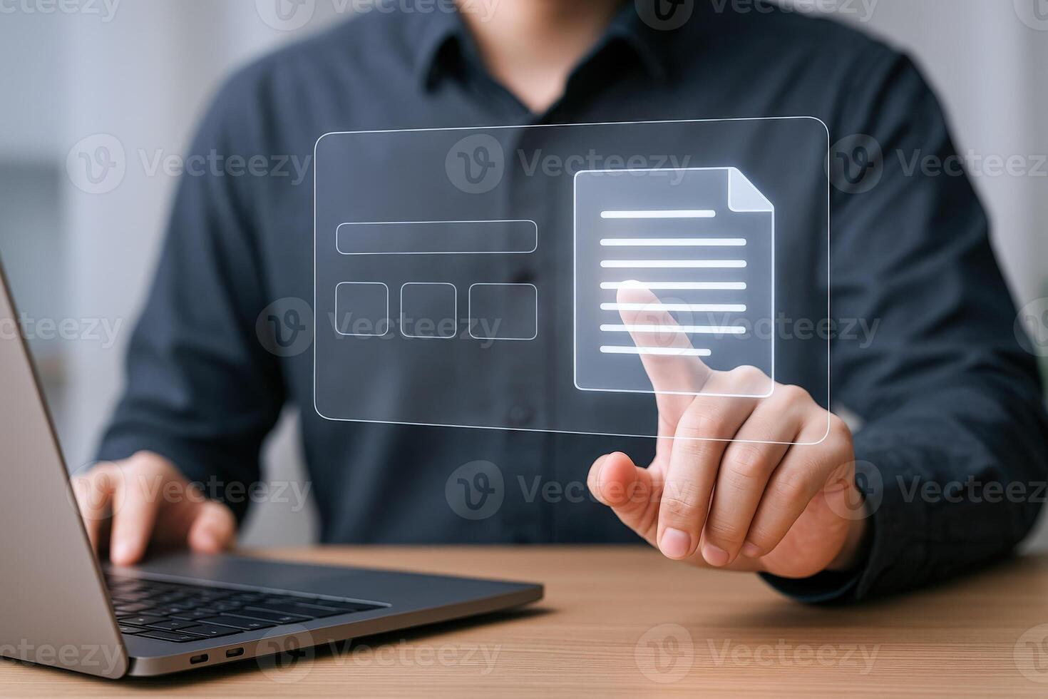 Businessman Interacting with a Digital Document Interface on a Transparent Screen, Pointing to a File photo