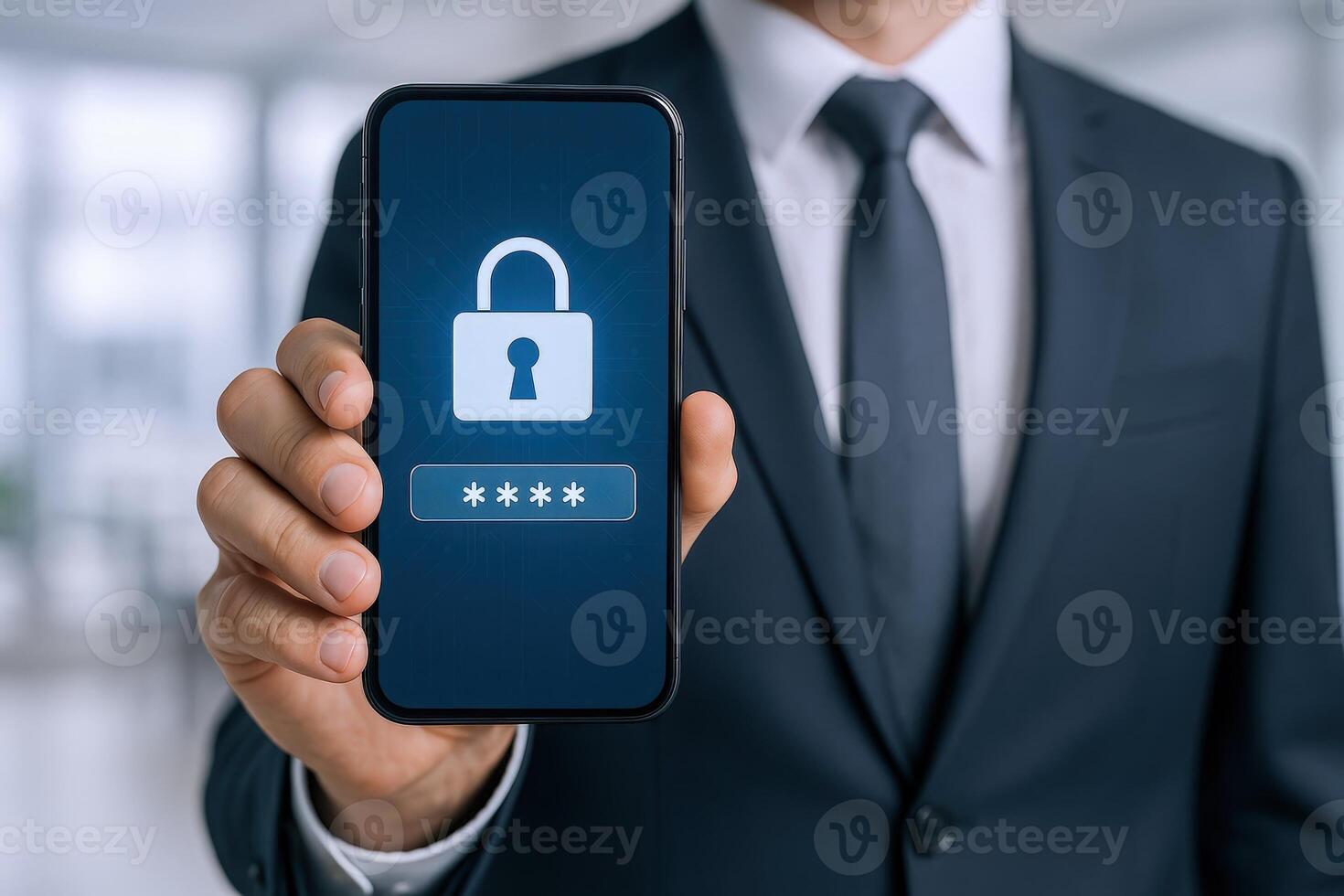 Businessman Displaying Secure Smartphone Login Screen Mobile Security, Authentication, and Data Protection Concept photo