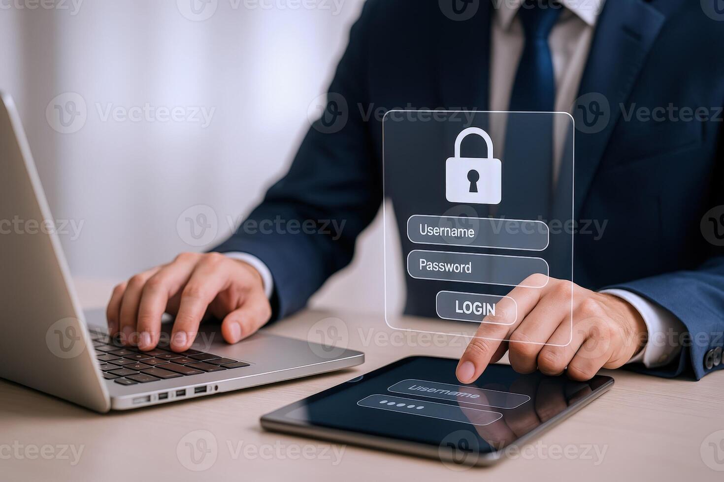 Cybersecurity Professional Securing Data Access with Advanced Login Interface on Laptop and Tablet Devices photo