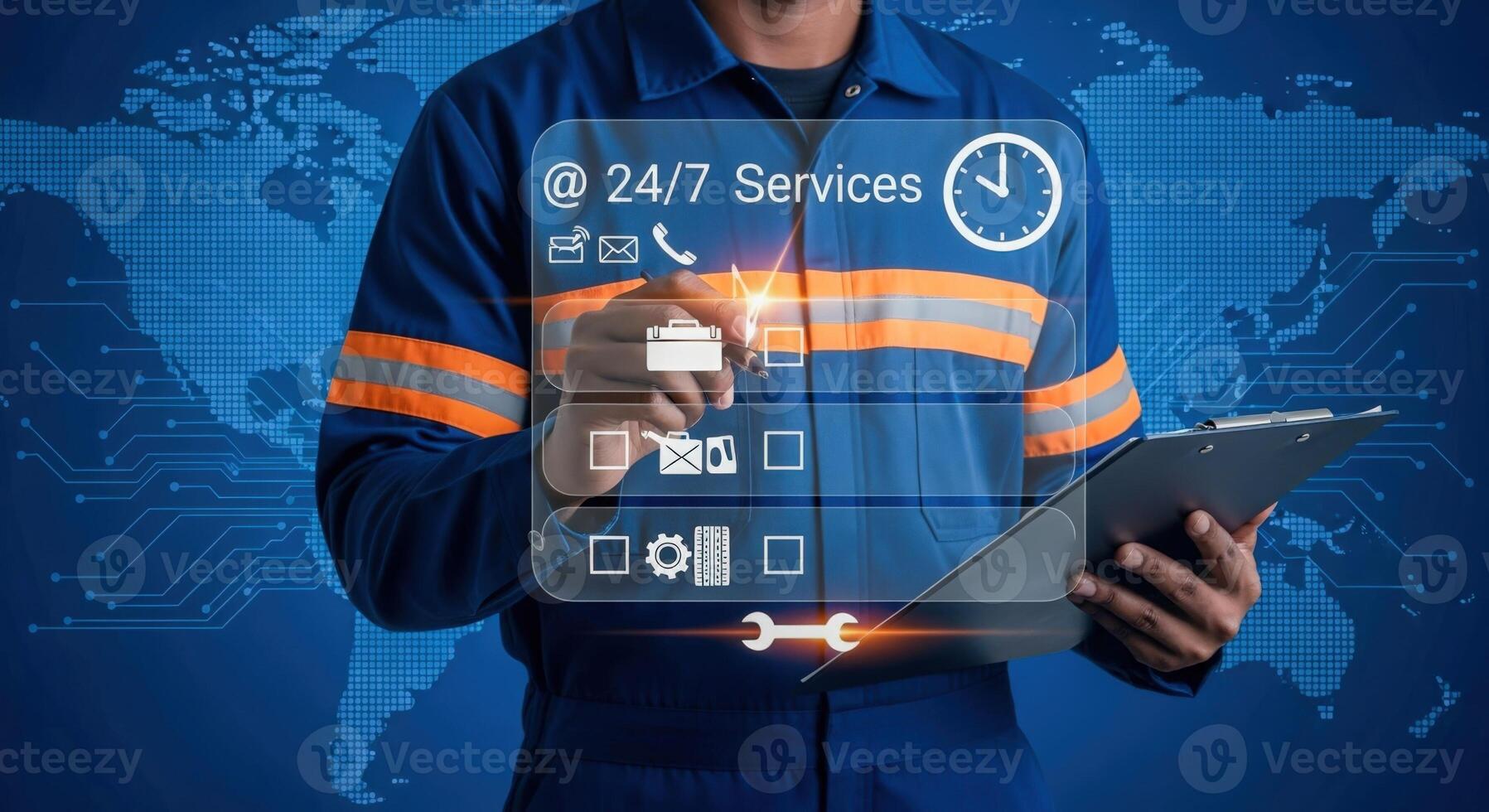 247 Service Technician Interacting with Digital Interface Displaying Services on World Map Background, Representing Global Support photo