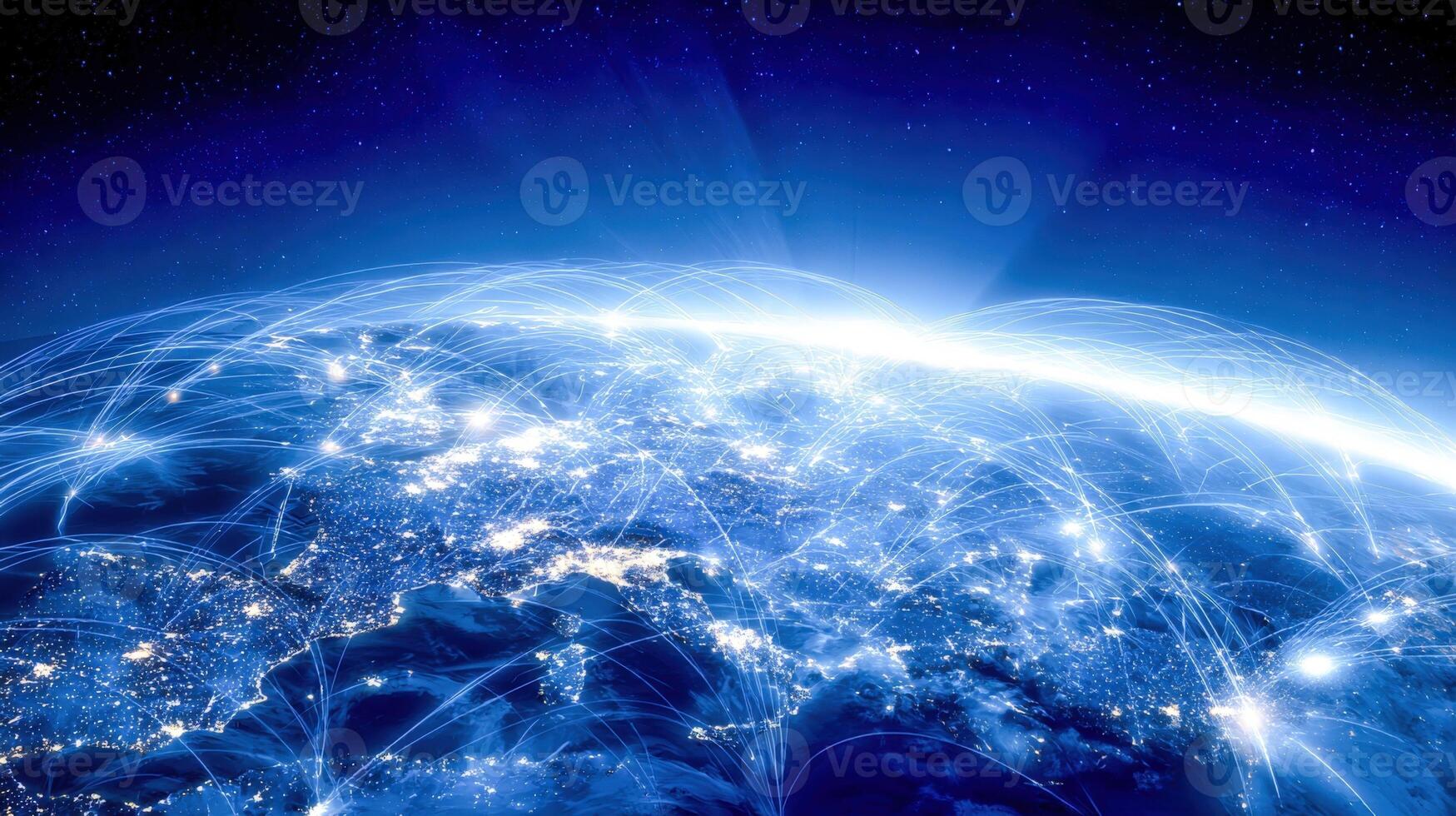Global Communication Network Illuminates Earth, Connecting Continents with Digital Infrastructure and Technological Advancement for Business photo