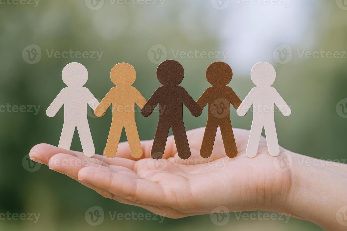 Diverse Paper Cutout Figures Held in Hand Symbolizing Unity, Inclusion, and Global Community photo