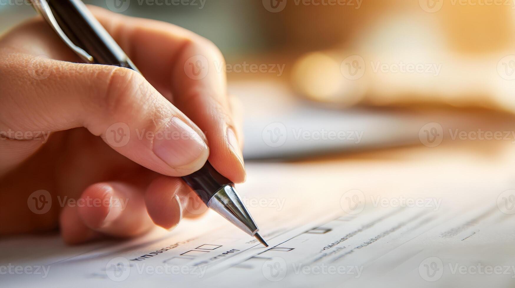 Close-up of hand holding pen and filling out form, creating document with professional touch photo