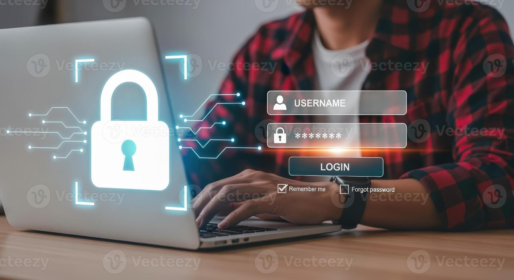 Secure Online Access Man Logging into Laptop with Digital Lock Interface Overlay for Cyber Protection photo