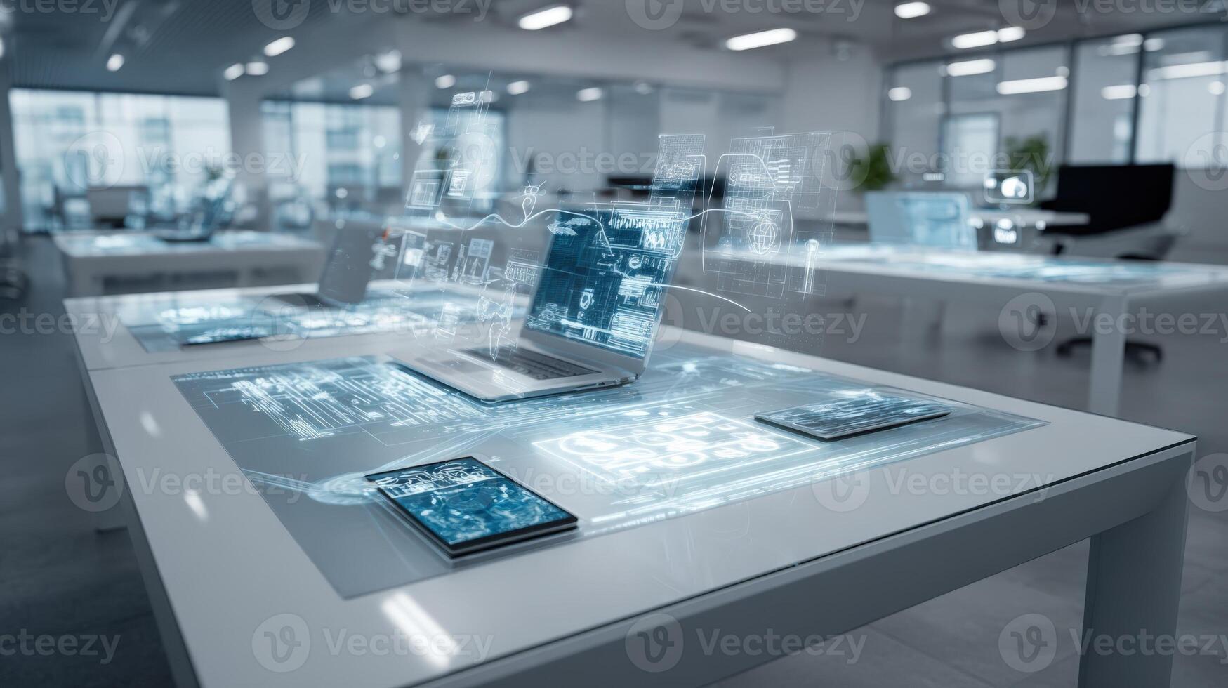 Modern Office with Interactive Touchscreen Table Displaying Data and Devices for Collaboration and Futuristic Work photo